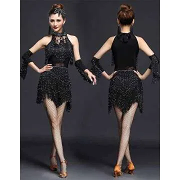 ZX Women's Rhinestone Tassel Flapper Latin Rumba Dance Dress 4 Pieces Outfits, Black, Medium