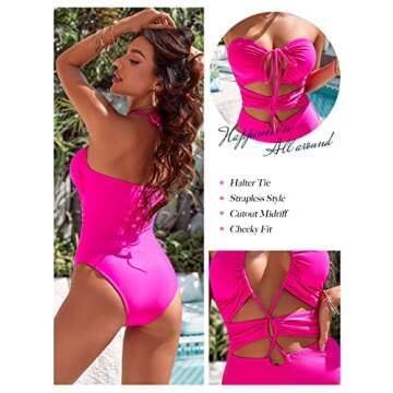 Blooming Jelly Womens Sexy One Piece Bathing Suit Cutout Cheeky High Cut Swimsuit Halter Criss Cross Monokini (Medium, Hot Pink)