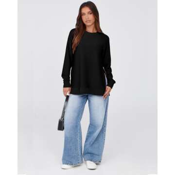 SimpleFun Casual Sweatshirts for Women Tunic with Side Zippers Long Sleeve Tops Fashion Fall Pullover Sweatshirt Black XL