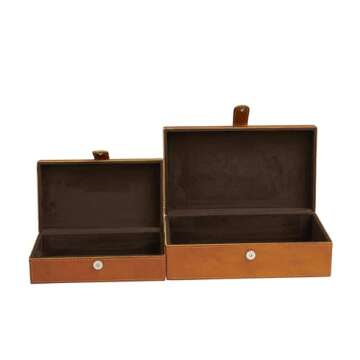 Deco 79 Leather Handmade Decorative Box Storage Decorative Keepsake Boxes with Snap Front Closure and Detailed Stitching, Set of 2 Storage Boxes 10", 8" W, Brown