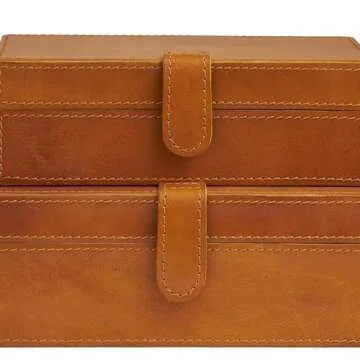 Deco 79 Leather Handmade Decorative Box Storage Decorative Keepsake Boxes with Snap Front Closure and Detailed Stitching, Set of 2 Storage Boxes 10", 8" W, Brown