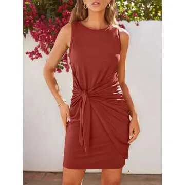 LILLUSORY Women Summer Tie Wrap Tank Short Mini Tshirt Dresses 2025 Trendy Spring Sun Vacation Outfits Casual Work Cute Bodycon Ruched Little T Shirt Sundress Clothes Brick Red M