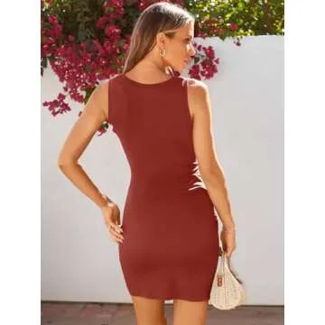 LILLUSORY Women Summer Tie Wrap Tank Short Mini Tshirt Dresses 2025 Trendy Spring Sun Vacation Outfits Casual Work Cute Bodycon Ruched Little T Shirt Sundress Clothes Brick Red M
