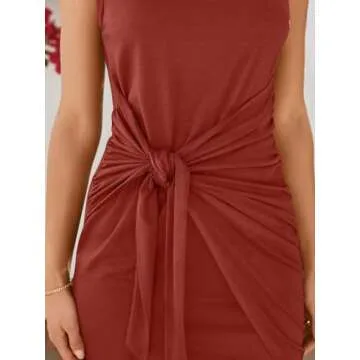 LILLUSORY Women Summer Tie Wrap Tank Short Mini Tshirt Dresses 2025 Trendy Spring Sun Vacation Outfits Casual Work Cute Bodycon Ruched Little T Shirt Sundress Clothes Brick Red M