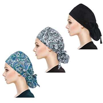 QBA Working Cap with Button Long Hair, 3 PCS, Adjustable Working Hat Sweatband Cotton Ponytail Holder, Tie Back Hats for Women & Men, One Size, (3 Pack: Black+Black Paisley+Blue Paisley)