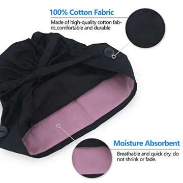 QBA Working Cap with Button Long Hair, 3 PCS, Adjustable Working Hat Sweatband Cotton Ponytail Holder, Tie Back Hats for Women & Men, One Size, (3 Pack: Black+Black Paisley+Blue Paisley)