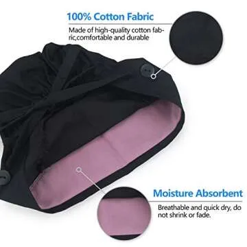 QBA Working Cap with Button Long Hair, 3 PCS, Adjustable Working Hat Sweatband Cotton Ponytail Holder, Tie Back Hats for Women & Men, One Size, (3 Pack: Black+Black Paisley+Blue Paisley)