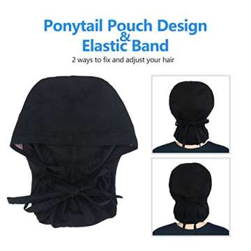 QBA Working Cap with Button Long Hair, 3 PCS, Adjustable Working Hat Sweatband Cotton Ponytail Holder, Tie Back Hats for Women & Men, One Size, (3 Pack: Black+Black Paisley+Blue Paisley)