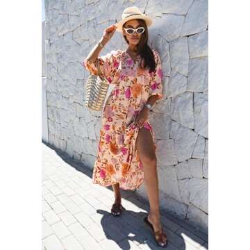 miduo Womens Maxi Dress Casual V Neck Summer Short Sleeve Floral Bohemian Boho Beach Long Dresses Ankle Dresses M
