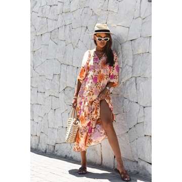 miduo Womens Maxi Dress Casual V Neck Summer Short Sleeve Floral Bohemian Boho Beach Long Dresses Ankle Dresses M