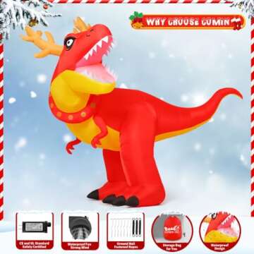 COMIN 6 FT Christmas Inflatables Outdoor Decorations Blow Up Antlers Dinosaur Inflatable with Built-in LEDs for Christmas Indoor Outdoor Yard Lawn Garden Decorations