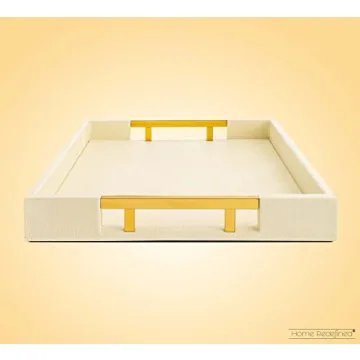 Elegant Cream Shagreen Faux Leather Tray Gold Handles