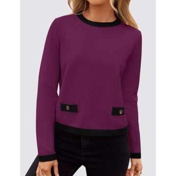 ZESICA Women's Fall Sweaters 2025 Long Sleeve Crewneck Knit Color Block Lightweight Pullover Tops Clothes,Eggplant,Small
