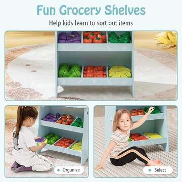 Costzon Kids Wooden Grocery Store Set, Pretend Farmer’s Market Stand w/ 36 Cutting Vegetables & Fruits, Cute Awning & Advertising Sign, Role Play Food Toy Set for Boys Girls 3+ (Blue)