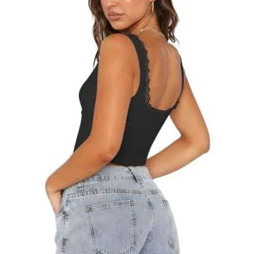 REORIA Women's Summer Vintage Trendy Square Neck Lace Trim Tank Crop Tops