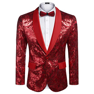 COOFANDY Red Men's Sequin Blazer - Eye-Catching Floral Design for Parties