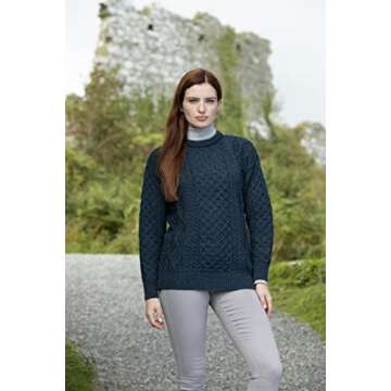 Aran Crafts Irish Soft Cable Knitted Crew Neck Unisex Sweater (100% Pure New Wool)