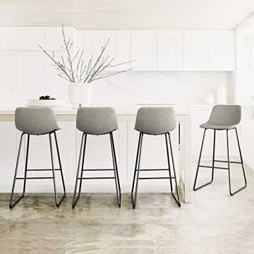 LUE BONA Bar Stools Set of 4, 30" ALX Faux Leather Barstools, Modern Counter Height Stools with Back and Metal Legs, Armless Counter Chairs for Kitchen Island, Grey