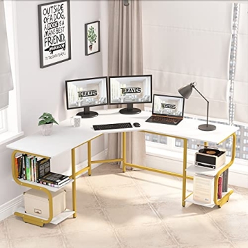 Teraves L Shaped Desk with Shelves for Home Office