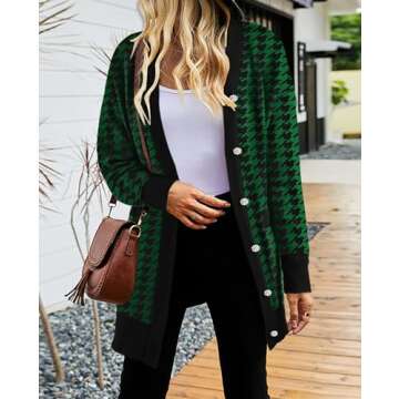 2024 Fall Casual Long Cardigan for Women Houndstooth Long Sleeve Open Front Button Down V Neck Cardi...