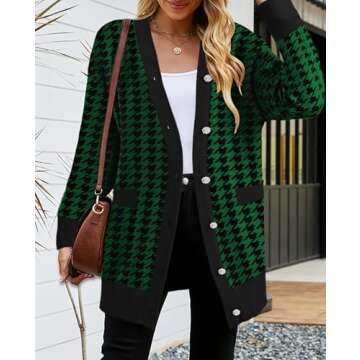 2024 Fall Casual Long Cardigan for Women Houndstooth Long Sleeve Open Front Button Down V Neck Cardigans Sweater Dress Green XL