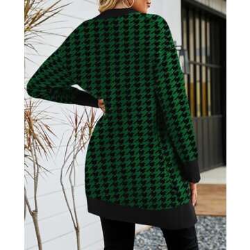 2024 Fall Casual Long Cardigan for Women Houndstooth Long Sleeve Open Front Button Down V Neck Cardigans Sweater Dress Green XL