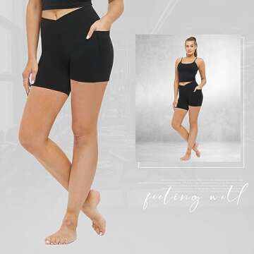 Womens Biker Yoga Shorts Crossover 5" Inseam High Waisted Workout Athletic Running Short with 2 Side Pockets Black,Medium