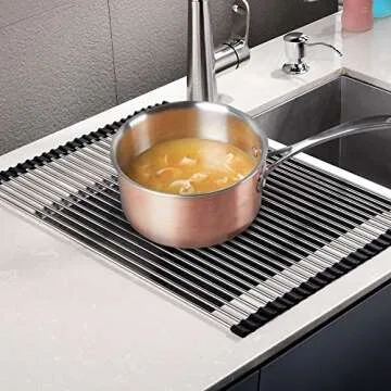 Roll Up Dish Drying Rack Over Sink Over The Sink Dish Drying Rack Kitchen Dish Drainer, Folding Dish Rack for Kitchen Sink Counter Stainless Steel Mat Foldable Dish Dryer Racks(17.8" x 15")