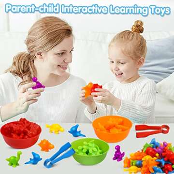 GKDOMS Counting Dinosaurs Toys Matching Game with Sorting Bowls Preschool Learning Activities Montessori Sensory Toys for Math Color Sorting, Party Favors Birthday Valentine's Gifts for Kids Toddlers