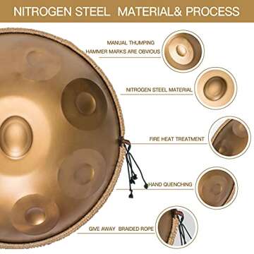 AS TEMAN HANDPAN, Handpan drum instrument in D Minor 9 Notes 440HZ 22 inches Steel Hand Drum with So...