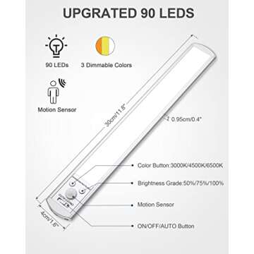 Olalits Under Cabinet Lights Motion Sensor: 90 LEDs Magnetic Under Cabinet Lighting 2500mah, 3 Colors 11.8inch Rechargeable Led Closet Light Counter Lights for Kitchen/Cabinet/Wardrobe/Stairway