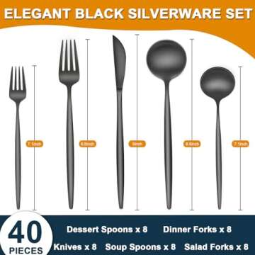 40 Pieces Black Silverware Set, Stainless Steel Flatware Set Service for 8, Tableware Cutlery Set, U...