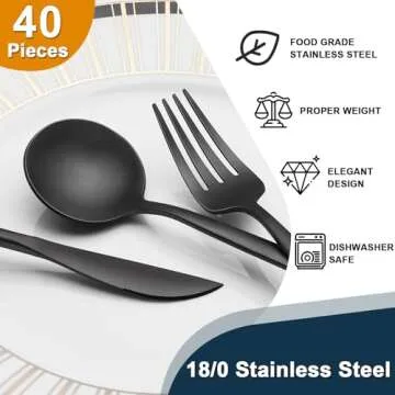 40 Pieces Black Silverware Set, Stainless Steel Flatware Set Service for 8, Tableware Cutlery Set, Utensils for Home, Restaurant, hotel, Include Knife Fork Spoon Set,Dishwasher Safe
