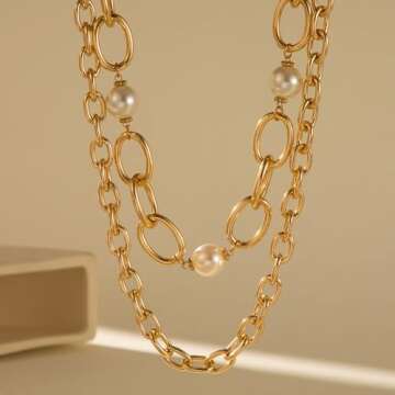 Layered Pearl Necklace for Women Gold Chain Necklace Vintage Chunky Choker Necklace Thick Chain Pearl Pendant Trendy Jewelry