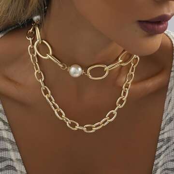 Layered Pearl Necklace for Women Gold Chain Necklace Vintage Chunky Choker Necklace Thick Chain Pearl Pendant Trendy Jewelry