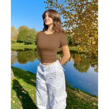 OQQ Womens 2 Piece Shirts Short Sleeve Crew Neck Ruched Stretch Fitted Tee Shirts Crop Tops Black Coffee