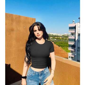 OQQ Womens 2 Piece Shirts Short Sleeve Crew Neck Ruched Stretch Fitted Tee Shirts Crop Tops Black Coffee