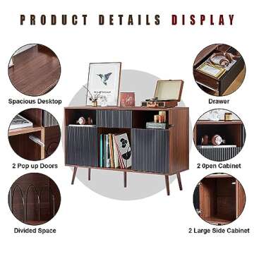 Record Player Stand, Double Wide Turntable Stand with Record Storage, Large Turntable Stand with Wood Legs, Mid-Century Modern Turntable Stand with Doors & Drawer, Record Player Table for Living Room