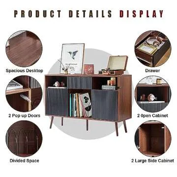Record Player Stand, Double Wide Turntable Stand with Record Storage, Large Turntable Stand with Wood Legs, Mid-Century Modern Turntable Stand with Doors & Drawer, Record Player Table for Living Room