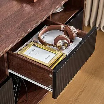 Record Player Stand, Double Wide Turntable Stand with Record Storage, Large Turntable Stand with Wood Legs, Mid-Century Modern Turntable Stand with Doors & Drawer, Record Player Table for Living Room