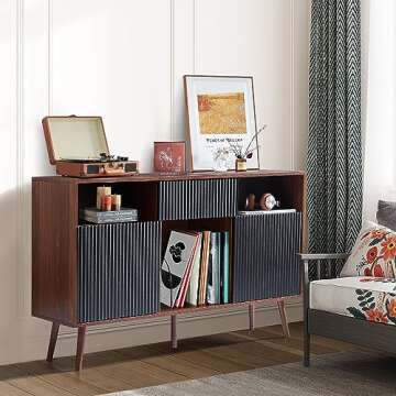 Record Player Stand, Double Wide Turntable Stand with Record Storage, Large Turntable Stand with Wood Legs, Mid-Century Modern Turntable Stand with Doors & Drawer, Record Player Table for Living Room