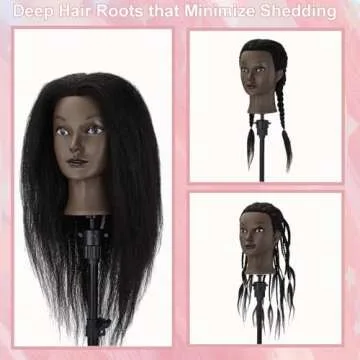 18'' Mannequin Head with Human Hair Cosmetology Manikin Doll Head with 100% Real Human Hair for Braiding Hairdresser Practice Styling with Free Table Clamp Stand