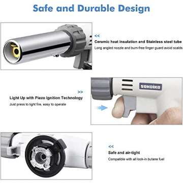 Kitchen Culinary Torch, Sondiko Professional Butane Torch Kitchen Blow Lighter Adjustable Flame with Reverse Use for Creme Brulee, Searing, Baking, BBQ (Butane Gas Not Included)