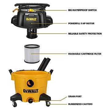 DEWALT 4 in 1 Poly Wet/Dry Vacuum DXV09PA 9 Gallon Professional Shop Vacuum, 5 HP Power with Attachments