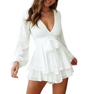 Stylish SPRIME Women's Casual Rompers - V Neck Baggy Sleeve & Waist Tie Jumpsuit