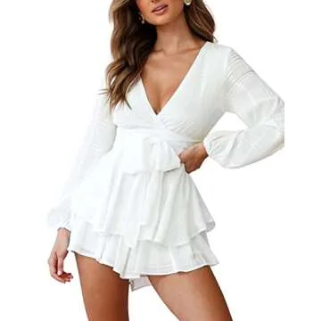 SPRIME Women's V Neck Casual Rompers with Waist Tie