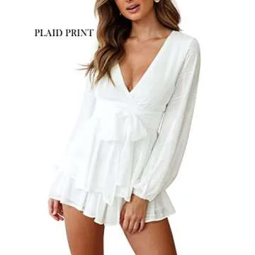 SPRIME Women's V Neck Casual Rompers with Waist Tie