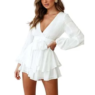SPRIME Women's V Neck Casual Rompers with Waist Tie