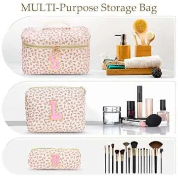 DOSUKE 3 PCS Travel Makeup Bag Set, A-Z Initials Cotton Make up Bag Floral Quilted Cosmetic Bag for ...