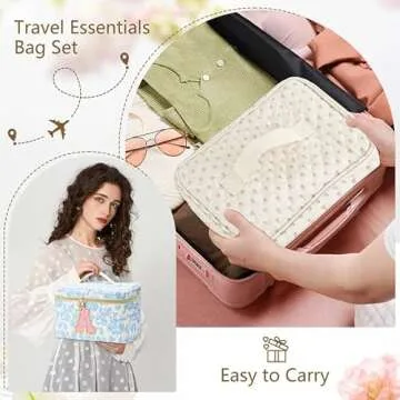 DOSUKE 3 PCS Travel Makeup Bag Set, A-Z Initials Cotton Make up Bag Floral Quilted Cosmetic Bag for Girls and Women, Personalized Cute Toiletry Bag Travel Accessories Brushes Bag Blue - J